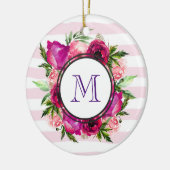 ピンクローズ&ポピーフローラブーケオンピンクストライプ色 セラミックオーナメント (左)