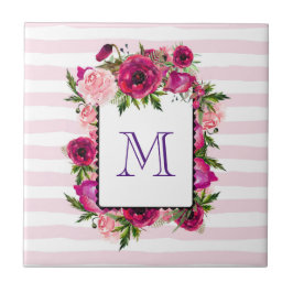 ピンクローズ&ポピーフローラブーケオンピンクストライプ色 タイル