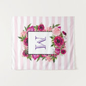 ピンクローズ&ポピーフローラブーケオンピンクストライプ色 タペストリー (正面(横))