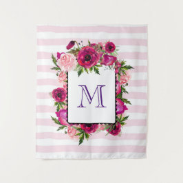 ピンクローズ&ポピーフローラブーケオンピンクストライプ色 タペストリー