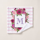 ピンクローズ&ポピーフローラブーケオンピンクストライプ色 バスタオルセット (ウォッシュタオル)