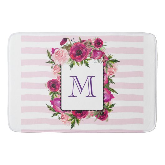 ピンクローズ&ポピーフローラブーケオンピンクストライプ色 バスマット (正面)