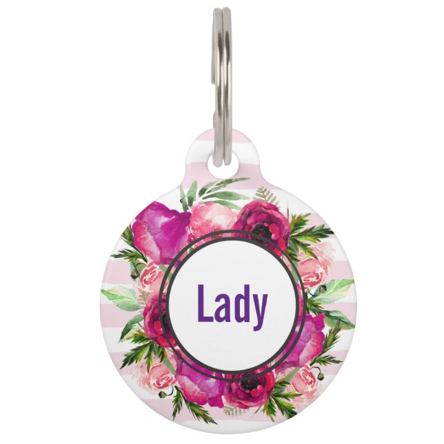 ピンクローズ&ポピーフローラブーケオンピンクストライプ色 ペット　ネームタグ (正面)