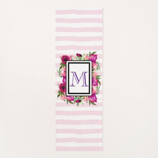 ピンクローズ&ポピーフローラブーケオンピンクストライプ色 ヨガマット (正面)