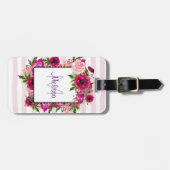 ピンクローズ&ポピーフローラブーケオンピンクストライプ色 ラゲッジタグ (正面横)
