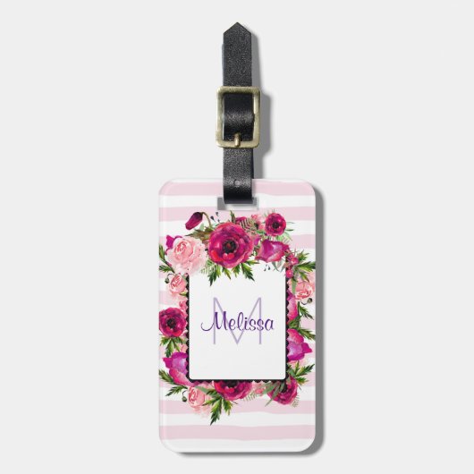 ピンクローズ&ポピーフローラブーケオンピンクストライプ色 ラゲッジタグ (正面縦)