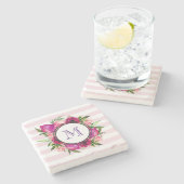 ピンクローズ&ポピーフローラブーケモノグラム ストーンコースター (横)