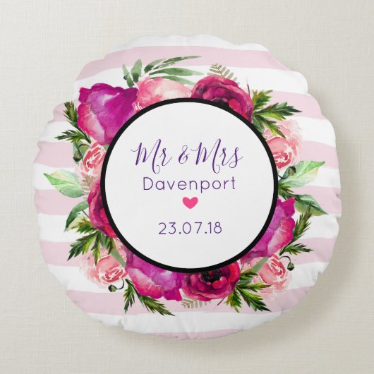 ピンクローズ&ポピーフローラブーケ氏&ミセス結婚ズ ラウンドクッション (正面)