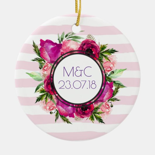 ピンクローズ&ポピーフローラブーケ結婚ス セラミックオーナメント (正面)