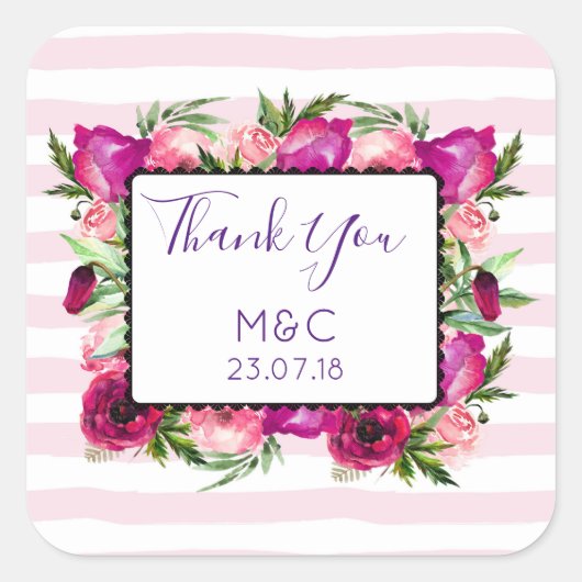 ピンクローズ&ポピーフローラ結婚ブーケ感謝していス スクエアシール (正面)
