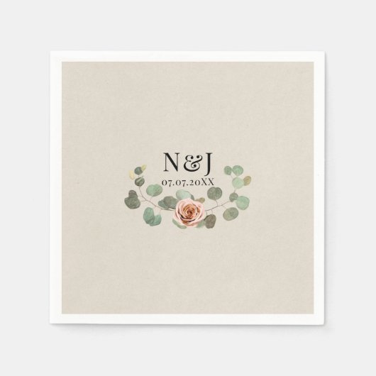 ピンクローズ&ユーカリ素朴ハート結婚ズ スタンダードカクテルナプキン (正面)