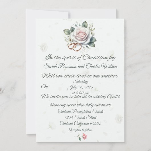 ピンクローズ&リングや輪クリスチャン結婚式招待状 招待状 (正面)