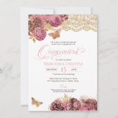 ピンクローズ&レース金ゴールドバタフライキンセアニラ 招待状 (正面)