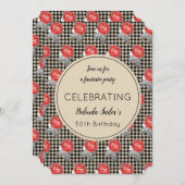 ピンクローズ&千鳥格子のデザイン誕生日パーティー 招待状 (正面/裏面)