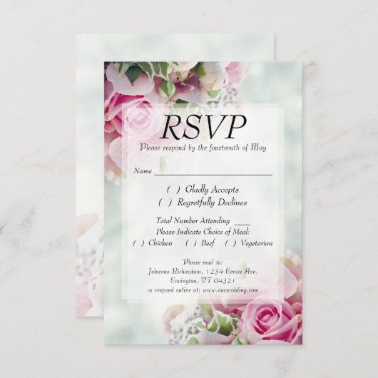 ピンクローズ&牡丹芽エレガントフローラ結婚ズ 出欠カード (正面/裏面)