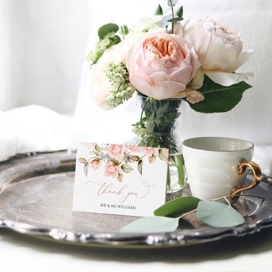 ピンクローズ&葉グリー結婚サンキューカード サンキューカード