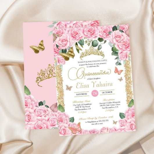 ピンクローズ&金ゴールドエレガントバタフライキンセアニェラ 招待状