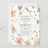 ピンクローズ&金ゴールドエレガントフローラ婚約パーティ 招待状 (正面)