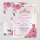 ピンクローズ&金ゴールドホワイトフローラティアラキンセアニラ 招待状 (正面/裏面)