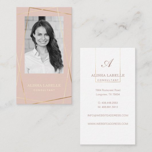 ピンクローズ&金ゴールド幾何学写真レイアウト&モノグラム 名刺 (正面/裏面)