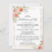 ピンクローズ&金ゴールド葬儀お祝いオブ・ライフ 招待状 (正面)