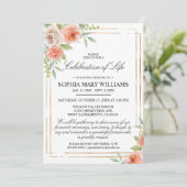ピンクローズ&金ゴールド葬儀お祝いオブ・ライフ 招待状 (スタンド正面)
