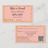 ピンクローズ&QRコード、友人を参照 紹介カード (正面/裏面)