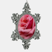 ピンクローズIかわいらし花の写真 スノーフレークピューターオーナメント (左)