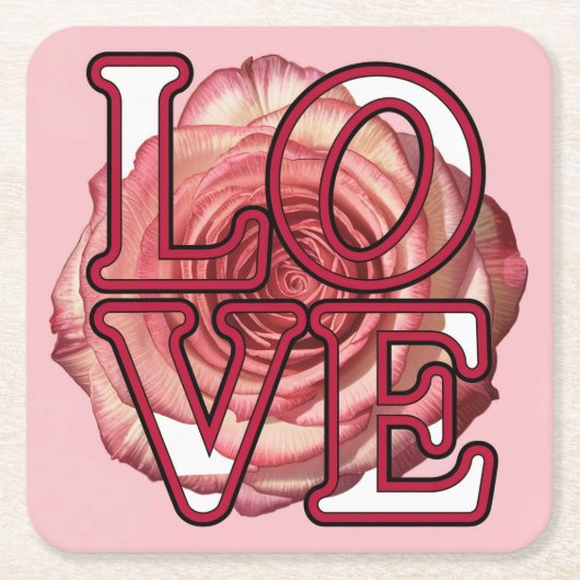 ピンクローズLOVEコースターセット スクエアペーパーコースター (正面)