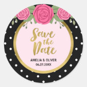 ピンクローゼスと白黒水玉模様日付を保存 ラウンドシール (正面)