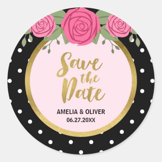 ピンクローゼスと白黒水玉模様日付を保存 ラウンドシール (正面)