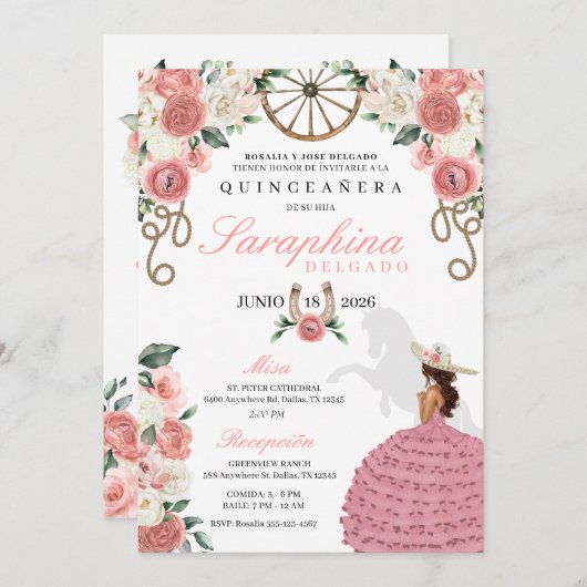 ピンクローゼスウエスタンマリアチ女性のカーボーイキンセアニラ 招待状 (正面/裏面)