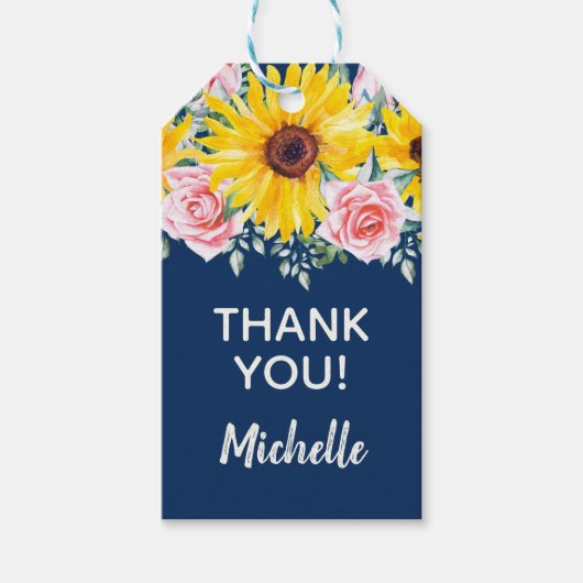 ピンクローゼスサンフラワーズネイビーブルー誕生日サンキュー ギフトタグ (正面)