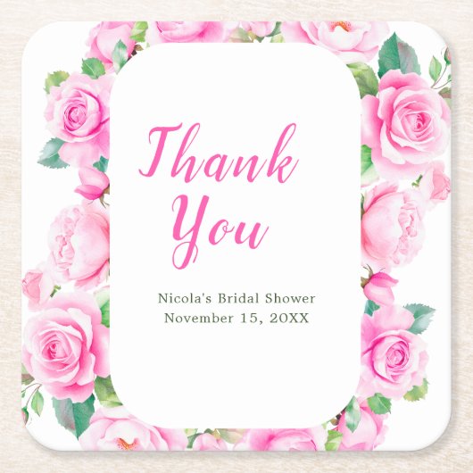 ピンクローゼスフローラブライダルシャワー スクエアペーパーコースター (正面)