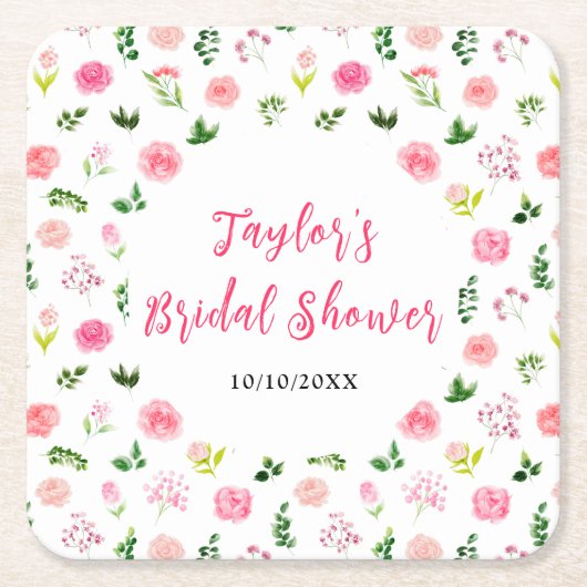 ピンクローゼスフローラブライダルシャワー スクエアペーパーコースター (正面)