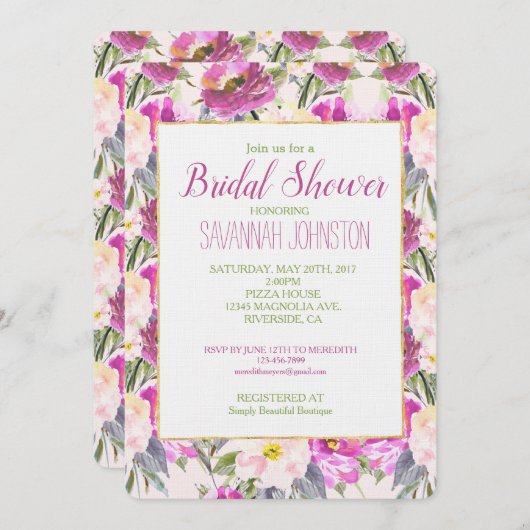 ピンクローゼスフローラブライダルシャワー 招待状 (正面/裏面)