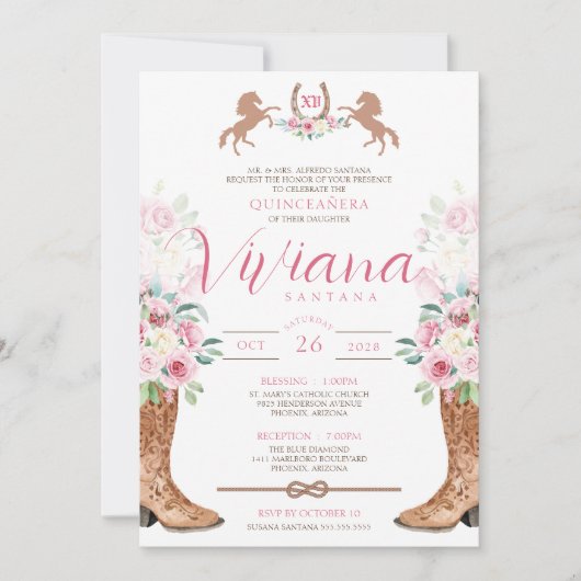 ピンクローゼスフローラブーツウエスタンチャラキンセアニェラ 招待状 (正面)