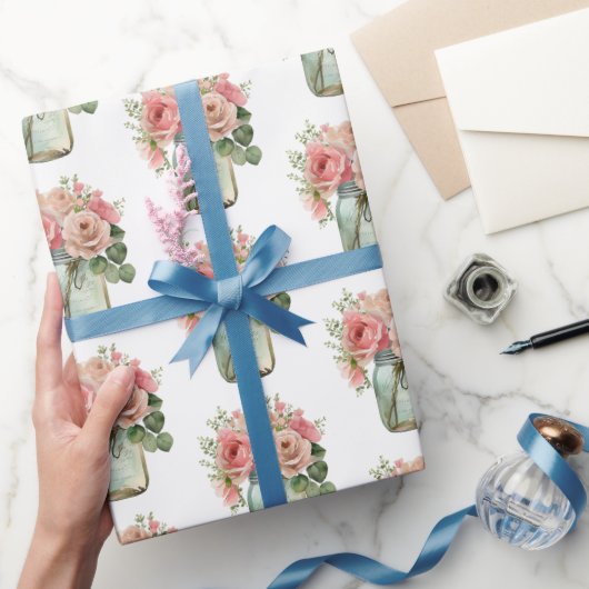 ピンクローゼスフローラメイソンジャー ラッピングペーパー (ギフト)