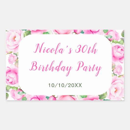 ピンクローゼスフローラ誕生日 長方形シール (正面)