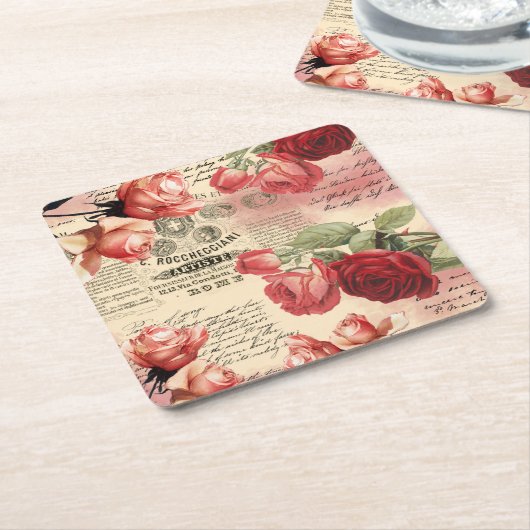 ピンクローゼスヴィンテージエフェメラコースター スクエアペーパーコースター (アングル)