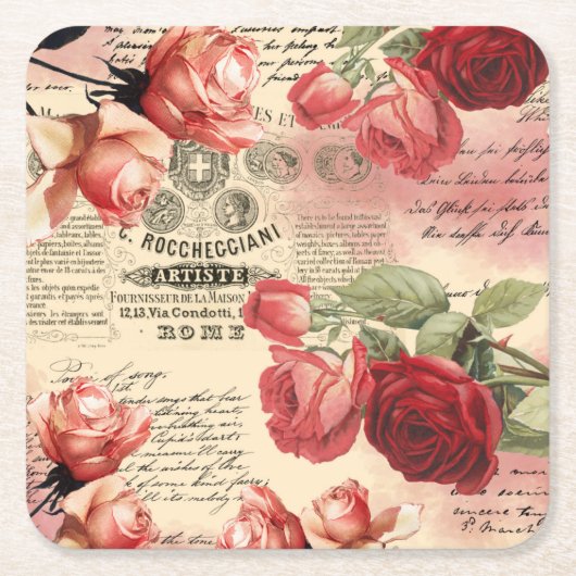 ピンクローゼスヴィンテージエフェメラコースター スクエアペーパーコースター (正面)