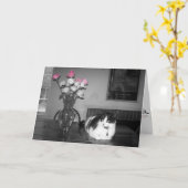 ピンクローゼス付き猫誕生日カード カード (黄色い花)