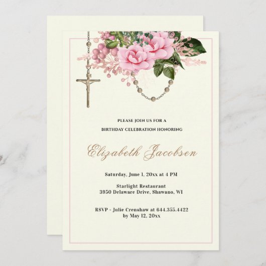 ピンクローゼス宗教的ロザリオ誕生日フローラ 招待状 (正面/裏面)