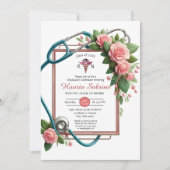 ピンクローゼス聴診器ナース卒業招待状 サンキューカード (正面)