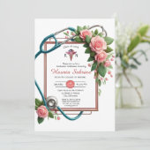 ピンクローゼス聴診器ナース卒業招待状 サンキューカード (スタンド正面)