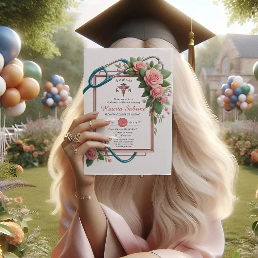 ピンクローゼス聴診器ナース卒業招待状 サンキューカード