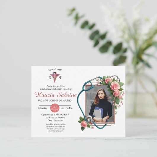 ピンクローゼス聴診器ナース卒業招待状 ポストカード (スタンド正面)