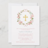 ピンクローゼス金ゴールドクロスフローラファーストホーリーコミュニオン 招待状 (正面)