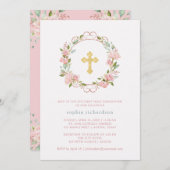 ピンクローゼス金ゴールドクロスフローラファーストホーリーコミュニオン 招待状 (正面/裏面)