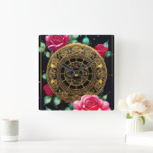 ピンクローゼス金ゴールドフィリーアート スクエア壁時計 (ホーム)